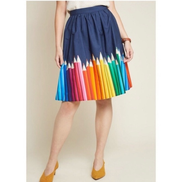 ModCloth Medium Fervour Colored Pencil Skirt Midi Retro Novelty Teacher Rainbow - Picture 2 of 12